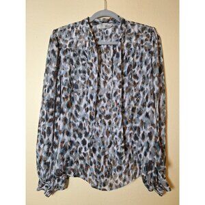 Go By GoSilk Brown‎ & Blue Leopard Print V-Neck Blouse Retro Office Business